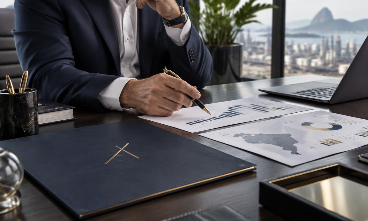 Mesa executiva com documentos e gráficos estratégicos